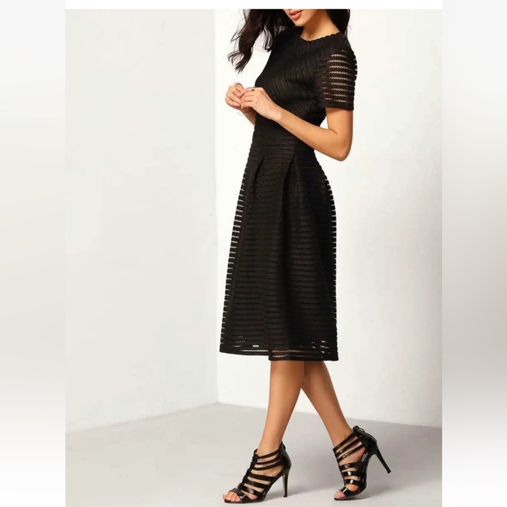 Black Ribbed Fit & Flare Midi Dress The Monroe Factory - M e100-27 - Picture 2 of 6